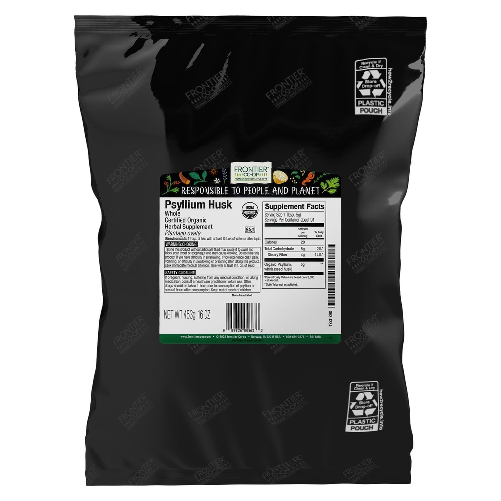Frontier Co-op Organic Psyllium Husk 1lb - Whole Psyllium Husk, Organic & Kosher - Psyllium Husk Fiber for Baking, Psyllium Nuttrasion Supplemen Diffille, Psyllium Husk Powder Bulk