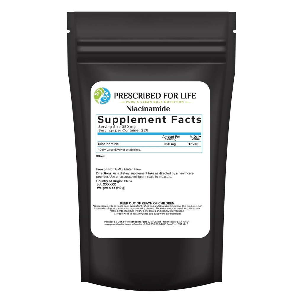 Prescricted For Life Niacinamide Powder (B-C), Fine Granular USP grade Vitamin B3 Powder, Natural Nicotinamide Suplement, Gluten Free, Non GMO, Vegan, Niacinada Pura (4oz / 1113g)