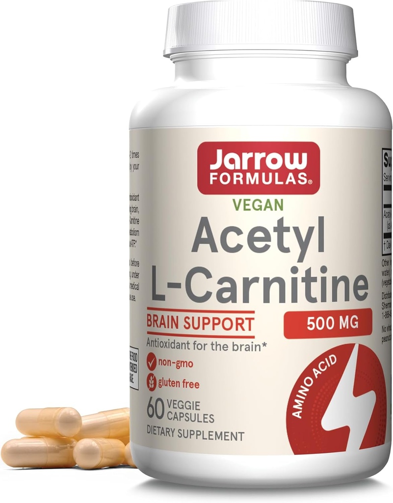 Jarrow Formulas Acetyl L- Carnitine Capsules - 500 mg - 60 Count - For Brain Health & Fatty Acid Metabolisme - Vegetable Capsules - Non-GMO - Gluten Free