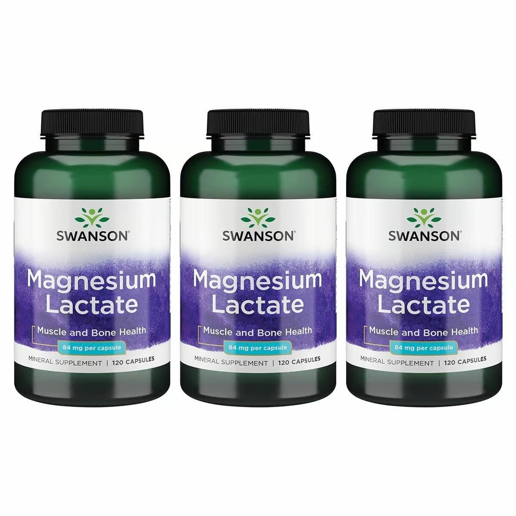 Swanson Magnesium Lactate - Mineral Suplemen Pemotoran Otot dan Dukungan Kesehatan Tulang - Lactoe- Free Lactate Bentuk Mineral Lembut - (120 Kasules, 84mg Masing-masing) 3 Pack