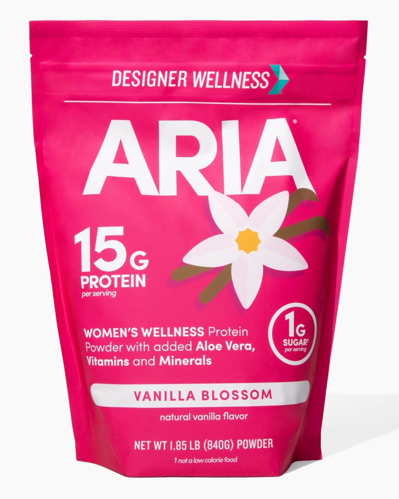 Designer Wellness, Aria, Women 's Wellness Low Calorie Vanilla Protein Powder with Biotin, Vitamin C and Organic Aloe, Vanilla Blossom, 1.85 Pound