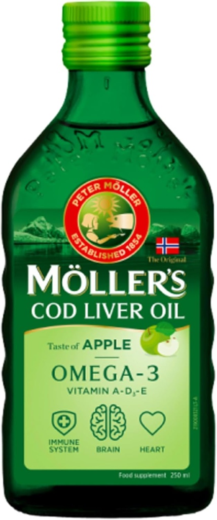 Moller 's Fish Oil Norwegia Flavour - Diet Suplemen, 8.45 quid oz (Lemon, Apple, Fruit, Natural Flavours) (250 ml, Unflamited (Natural)
