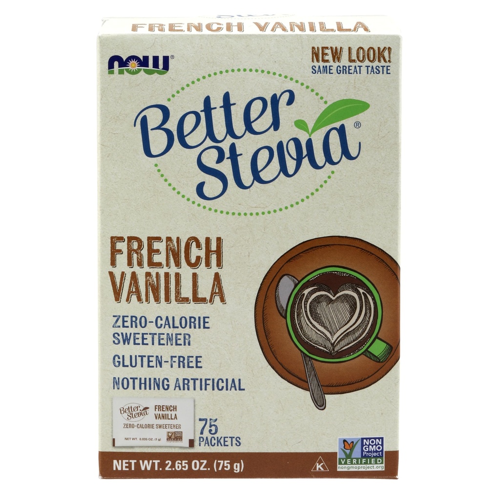 NOW Foods, Betterstevia French Vanilla Granulate Packets Zero- Calorie Sweetener, Keto Friendly, Sustable for Diabetics, No Erythritol 75 Count