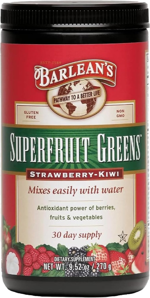 Powder Superfruit Barlean dengan Power of Berry Antioksidan- Fruits And Vegetables - Strawberry Kiwi Flavor - Vegan, Non-GMO, Gluten- Free - 9.52 oz