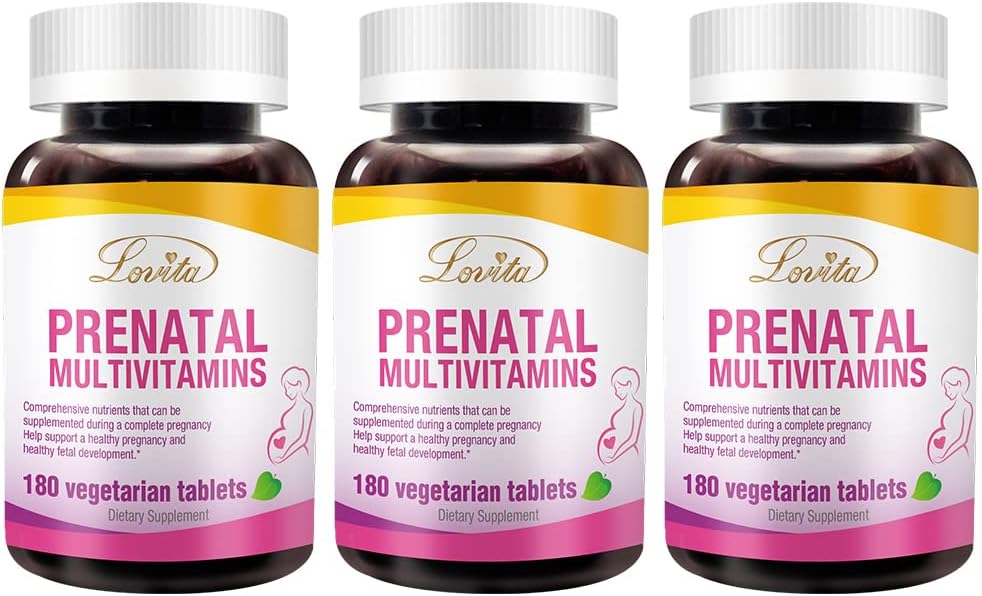 Lovita Prenatal Vitamin with Iron 27 mg, Folic Acid 800mcg & Calcium, Vegan Prenatal Vitamin for Women During and Post Preganacy, Non GMO, 180 Vegetarian Prenatal Pills (Paket 3)