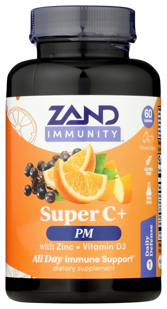 Zand Immunity Super C + PM, Dukungan kekebalan malam ditambah Melonatin, 100mg PureWay-C Vitamin C, Zinc, D3 & Elderberry, Enhanced Absorpsi - 60 tablet, 30 pelayan