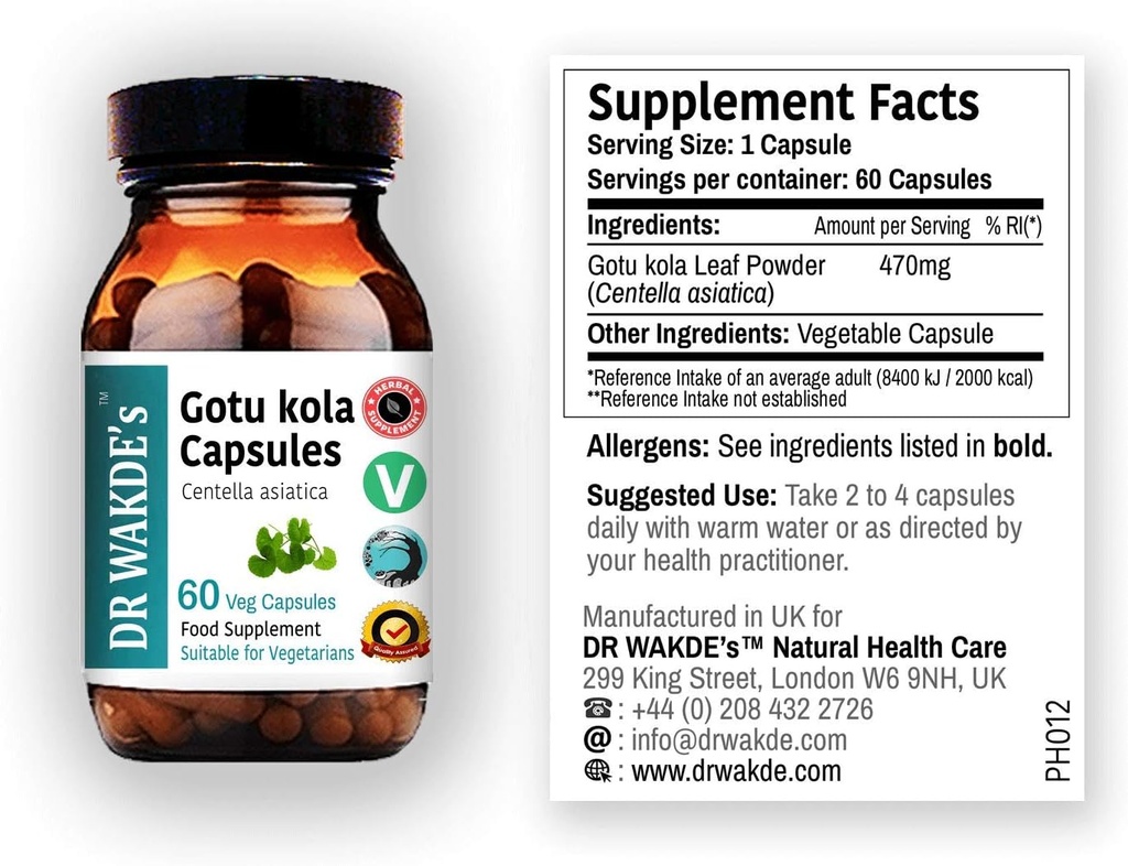 DR WAKDE 'S Gotu kola Capsules (Mandukparni, Sentella Asciatia, 60 Veg Caps, Persediaan Tanaman, Ayurvedic Herb, All Natural, Vegan)