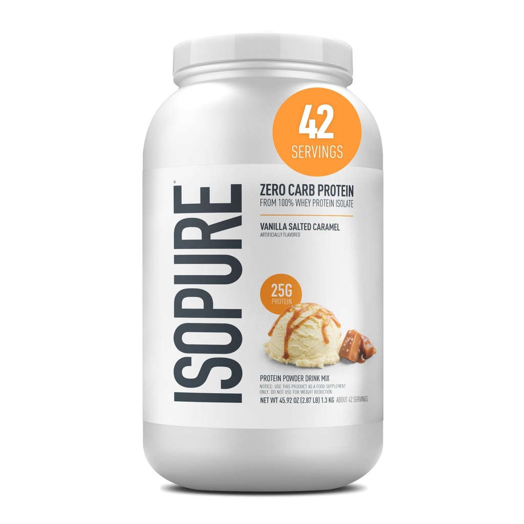 Isopure Zero Carb 100% Pure Whey Isolate Protein Powder, Laktosa Free, Gluten Free, With Vitamin, Vanilla Salted Caramel, 25g Protein Per Serving, 3 Lbs, 42 Servings (Packaging May Wary)