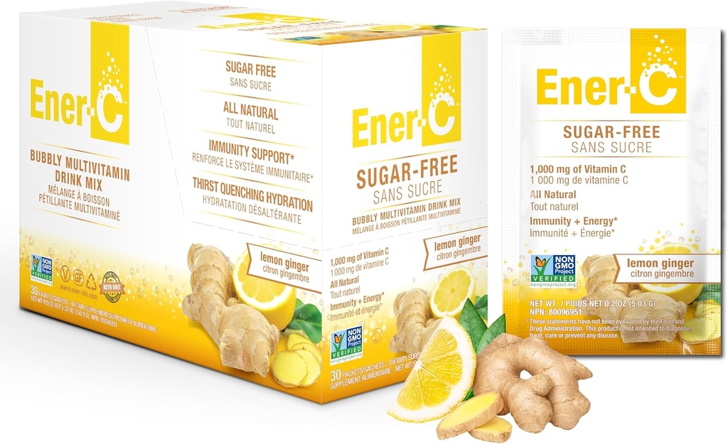 Ener- C Sugar Free Lemon Ginger Multivitamin Minum Mix, 10000mg Vitamin C, Non- GMO, Vegan, Buah Real Juice Poder, Natural Imunity Dukungan, Electrolite, Gluten Free, 1-Pack 30