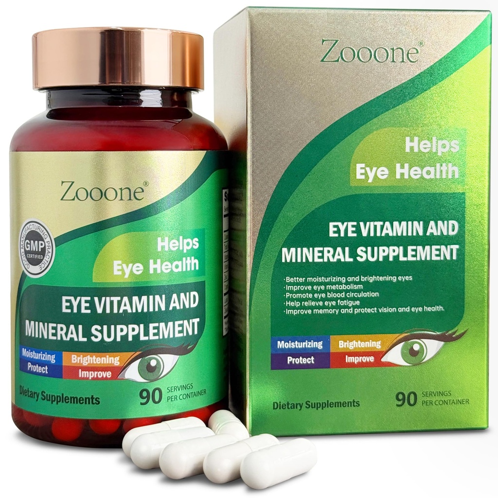 Zooone Lutein dan Hobxanthin Eye Vitamin, Eye Vitamin and Mineral Suplemen dengan Vitamin C E Zinc Copper, Dukungan Vision untuk Degeneration Macular, Pil Kesehatan Mata untuk Dewasa & Seniors, 90 Capsules