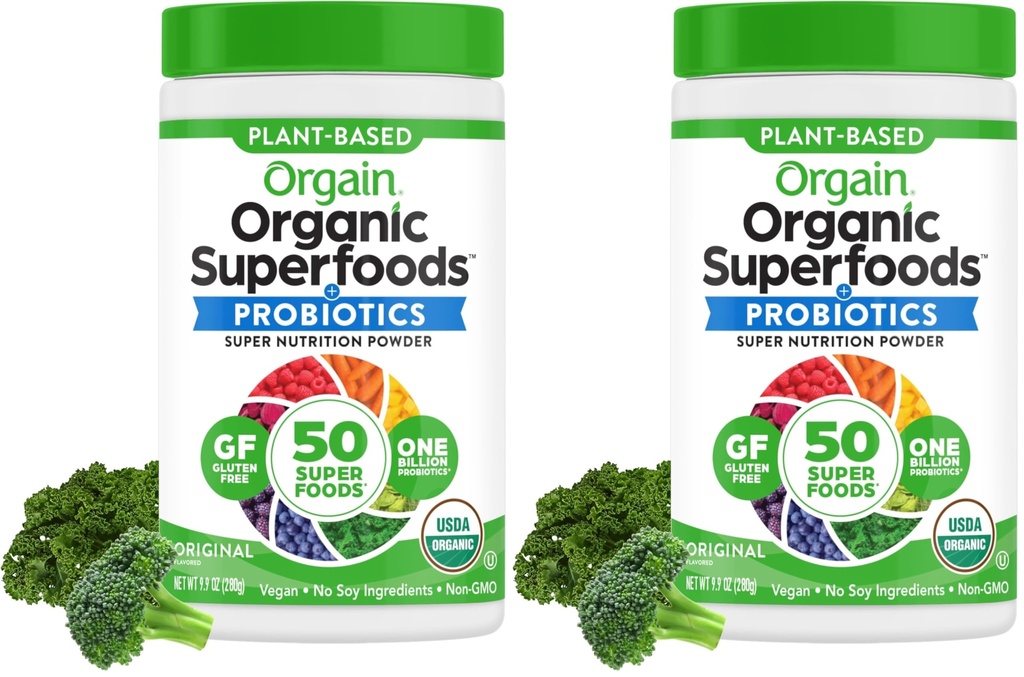 Orgain Organic Greens Powder + 50 Superfood, Original - 1 Milyar Progration for Gut Health, Antioksidants, Vegan, Plant Based, Gluten Free, Non GMO, Dairy Free Juice & Smoothie Mix - 0.62lb