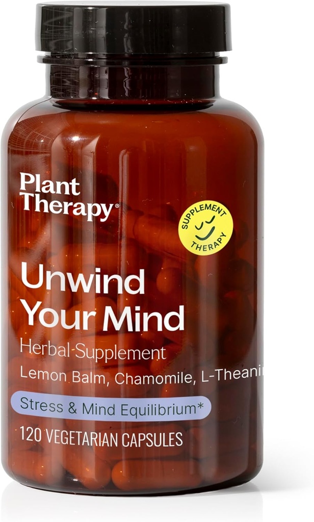 Plant Therapy Unwind Your Mind Herbal Supplement Kapsul, Alami Relaxing, Membantu Tenang Otak Sibuk, Setelah Hari Panjang atau Sebelum Tidur, 120 Vegetarian Kasules (4 Pasokan Bulan), Dibuat di Amerika Serikat