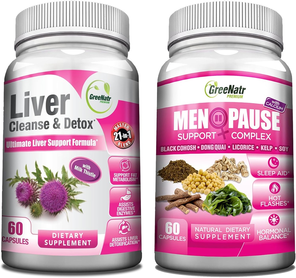 GreeNatr Synergic Bundle - Herbal Menopause Dukung Kompleks untuk Hot Flashes, Night Sweets & Mood Swings Relief Plus Total Liver Revitalisasi dengan Cleanse Sinergistic kami
