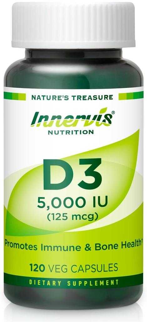 Potency Tinggi Vitamin D3 5000 IU - Boost Imune, Dukung Bone & Teeth, Mudah ditelan 120 Veg Capsules