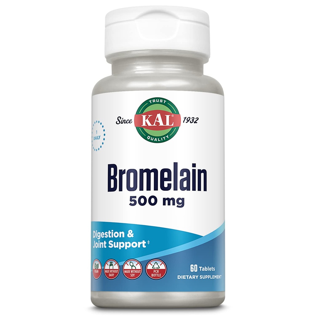 KAL Bromelain 500 mg, Ditraffic and Gabungan Support Supplement, Digetical Enzymes, Pineapple Extract, Rapid Disintegration, Vegan, Made Without Dairy or Soy, Lab Verified, 60 tablet