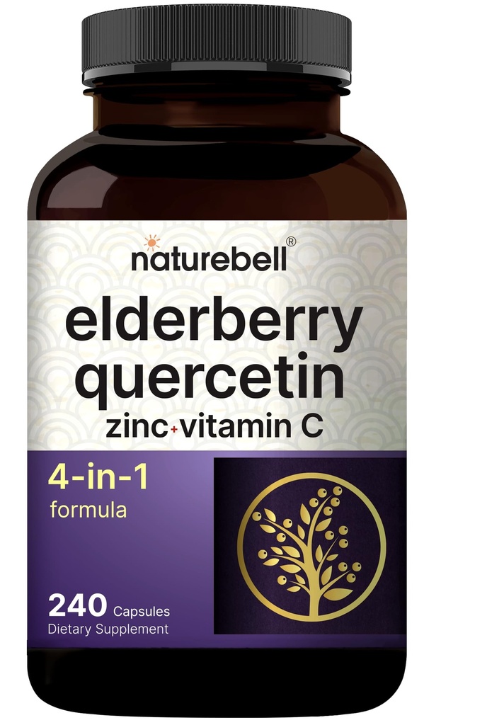 NatureBell Sambucus Elderberry Capsules, 5000mg Per Serving with Quercetin 500mg, Vitamin C dan Zinc, 240 Count 124; Eropa Black Elderberry Fruit - 4 in 1 Immune Support Suplemen