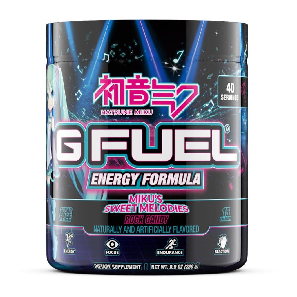 G Fuel Sweet Melodies Hatsune Miku Energy Chowder, Pre Workout Caffeine Mix, Sugar Free Focus Amino, Vitamin + Antioksidants, 9.9oz (Rock Candy, 40 Servings)