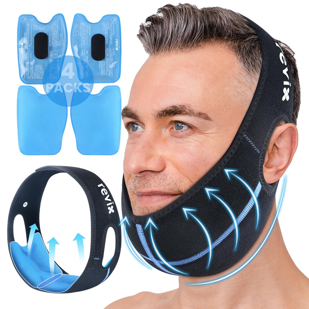 REVIX Teeth Ice Pack Head Lick with 3D Sewing Ice Pack for Face Oral Suit Relief for TMJ, Tooth Extraction & Teeth Remove, Extra Snug Fit with 4 Hot Cold Geel Packs Reworthy, Black