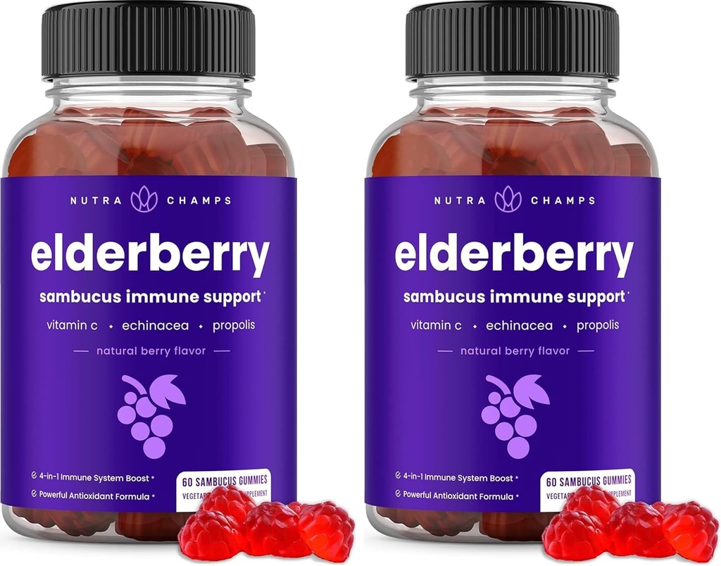 NutraChamps Elderberry Gummies dengan Vitamin C, Propolis & Echinacea - Imune System Dummy Vitamin untuk Dewasa & Anak-anak - Max Kekuatan 200mg Sambucus Antioksidant (Pack of 2)