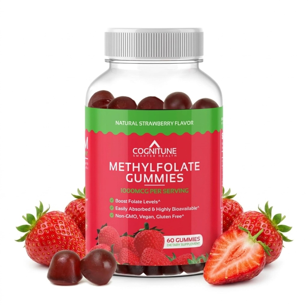 CogniTune Methylfolate Gummies - Mudah untuk Mengambil Potency L- Methyfolate, Felour Suplemen untuk Otak, Kesehatan Jantung & Kebal, Flavor Strawberry Delicious, Non-GMO, Vegan, Gluten- Free