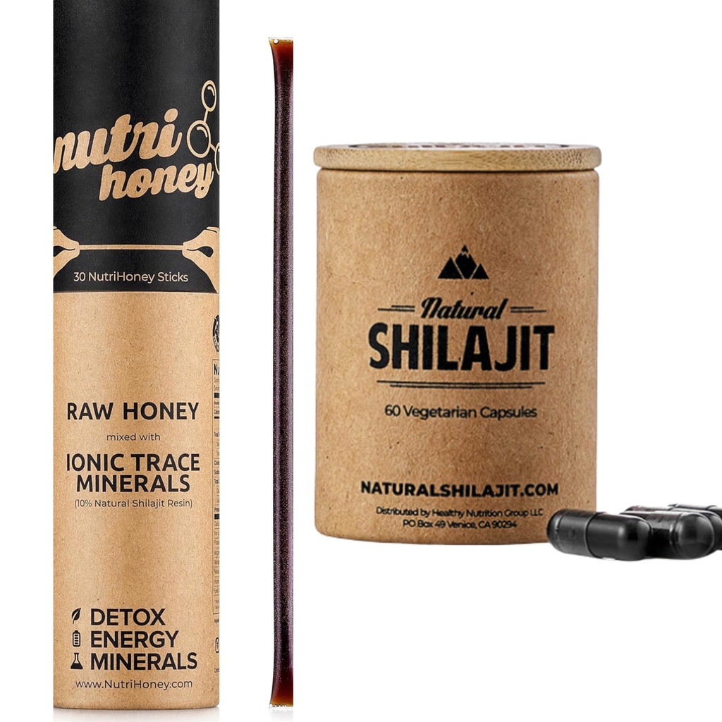 NATURAL SHILAJIT Capsules (1-2 Bulan Suply): 124; 60 Count & Shilajit Honey Sticks Rex dengan Raw Honey (30 Tongkat)