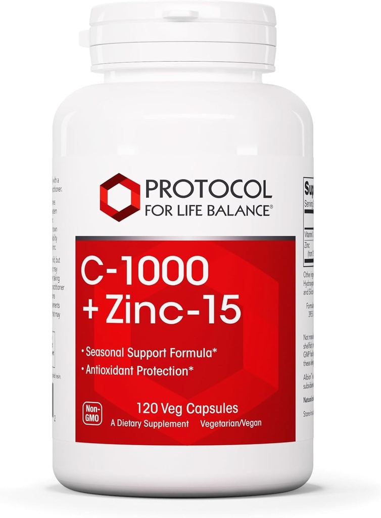 PROTOCOL UNTUK HIDUP Balance C-1000 + Zinc-15 - Vitamin C & Zinc Bisglycinate - Imune Dukungan Supplemen - Antioksidants - dengan Acid Ascorbic - 120 Veg Capsules