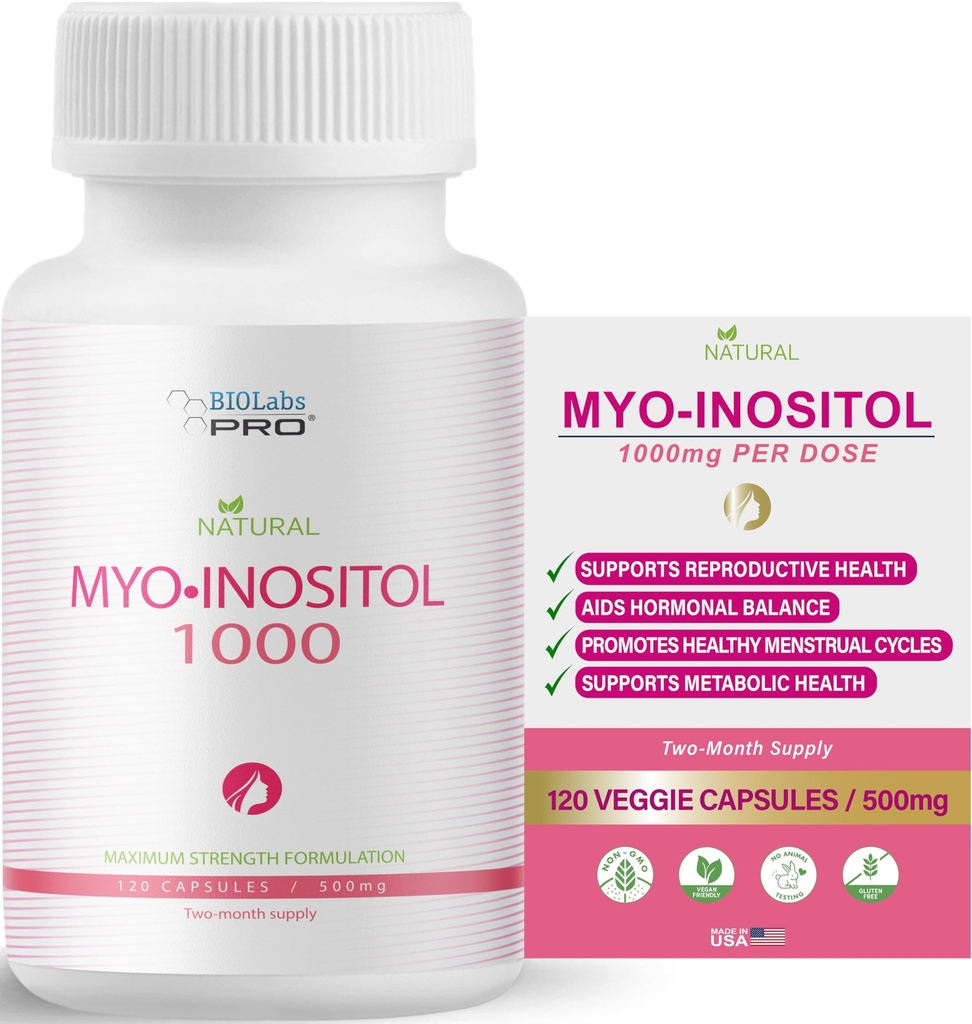 BIOLABS PRO Myo- Inositol Suplemen 10000mg - Natural Dietary Support for Cellular Health & Wellness, Premium Non- GMO, Gluten- Free, Kosher Certified, Parabin- Free - (120 Caps - Penyetelan Bulan-2)