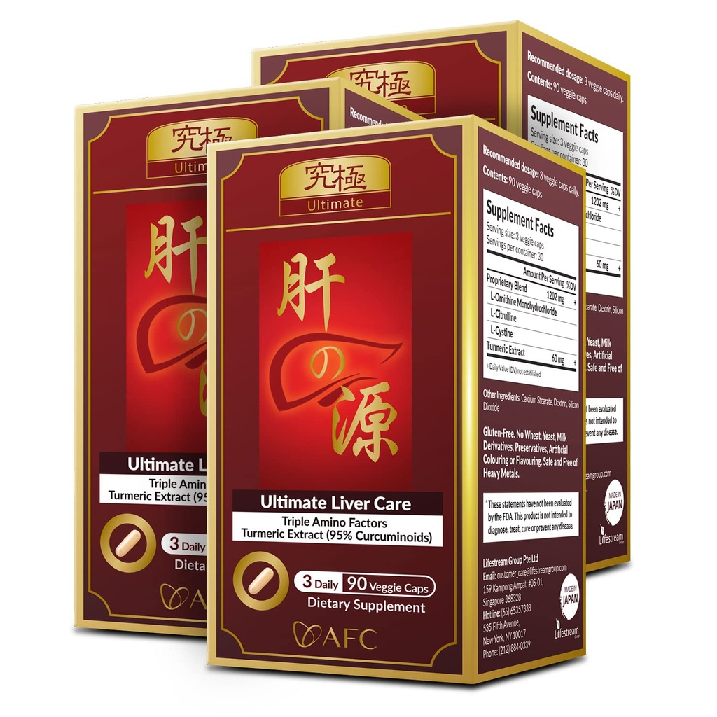 AFC Japan Ultimate Liver Care - Cleanse Detox Formula Mula dengan Amino Acid L- Ornithy, L-Citrulline, L-Cystine, dan Turmeric - Liver Health Suppplemen, 90 Vevgie Capsules x 3