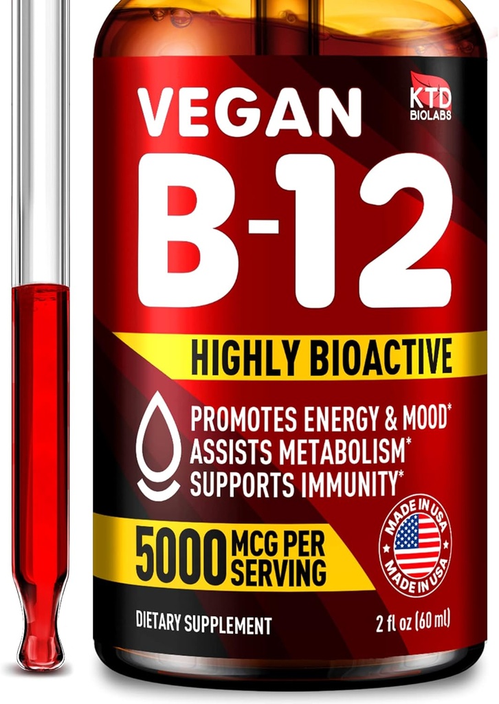 B12 Sublingual 5000 mcg Drops - Made in USA - Vegan B12 Vitamin for Energy, Mood & Memory - Sangat Bioavailable Sublinual Drops - Methylcobalamin for Women & Men - 2 f.oz.
