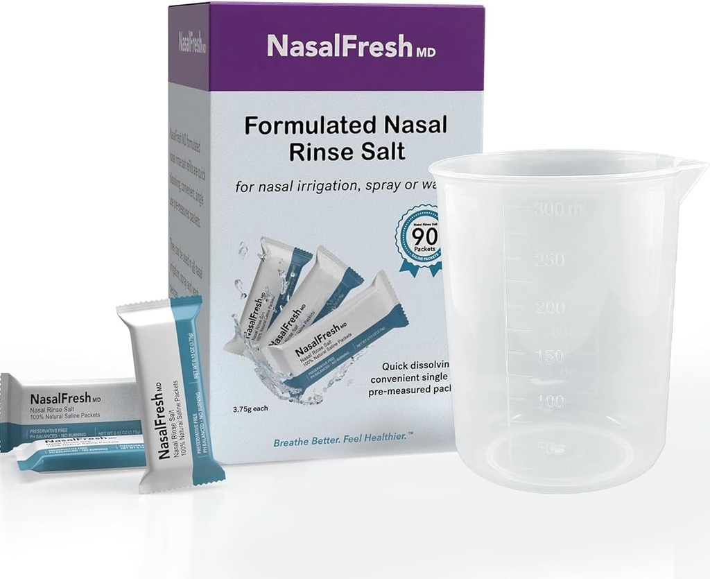 NASALFRESH MD - Saline Packets - Quick Dissolve - Prefired - Nasal Irrigation - Individually Wrapped (3.75g / 1.3oz) - 90 Count Refill Packet - 300mm Cup