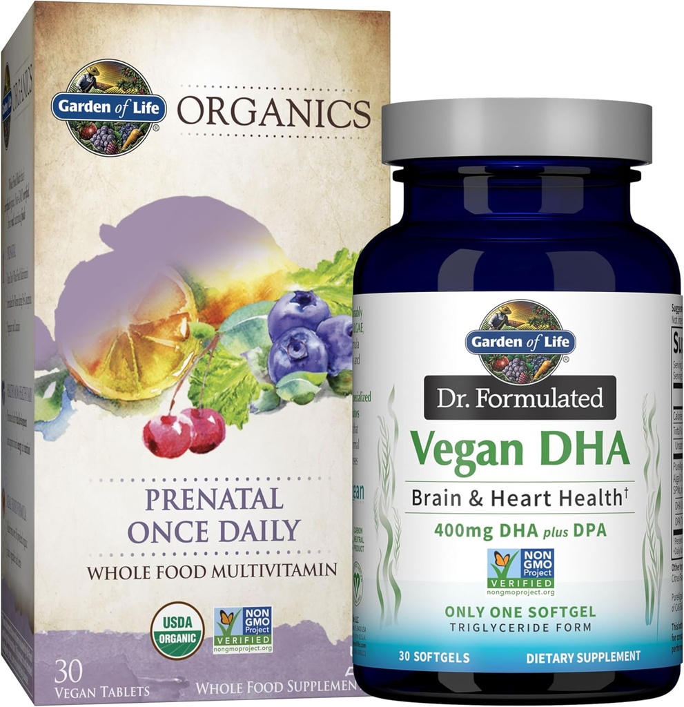 Garden of Life Once Daily Vegan DHA + Prenatal Multi Bundle: Dr Formulated Vegan DHA 30 Softgels + Organs Prarenatal Sekali Daily Multivitamin dengan Feloase for Women 's Prenatal Health, 30 Tablets