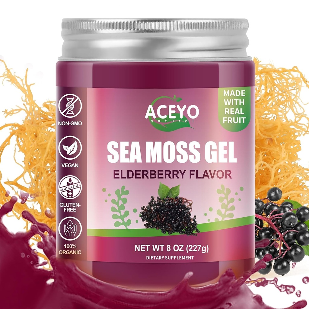 (8 OZ) Sea Moss Gel Organic Raw Elderberry Flavored Irish Seamoss Men Women Natural Vegan dan Mineral Wild Harowed Non-GMO Ammune Defense Booster Lung Thyroid Digetives Support
