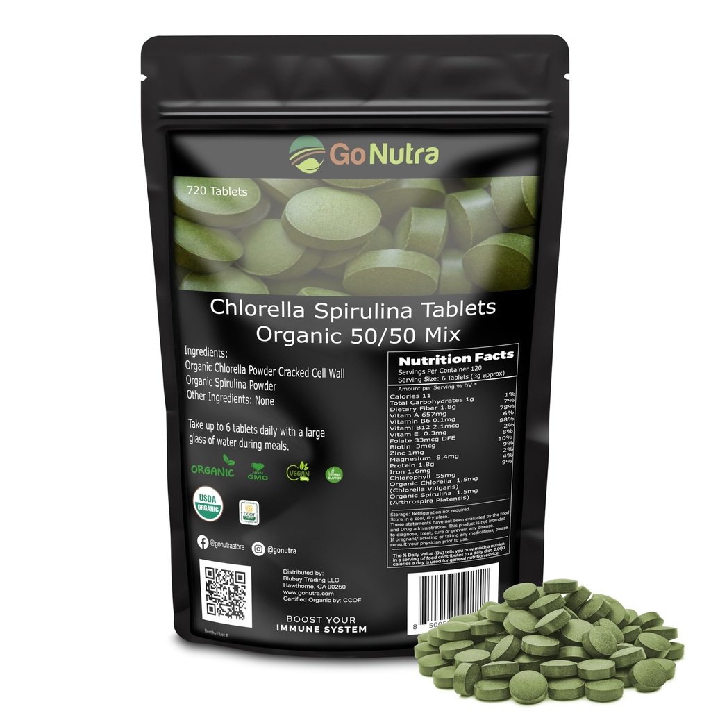 Go Nutra Organic Spirulina Chlorella Tablet 50 / 50 Blend 124; Nutrient Deceful Superfood - Vegan Protein, Chlorophill, Enzymes 124; 500mg Setiap Chlorella Spirulina Tablet, 720 Count, 4 Bulan Suppply