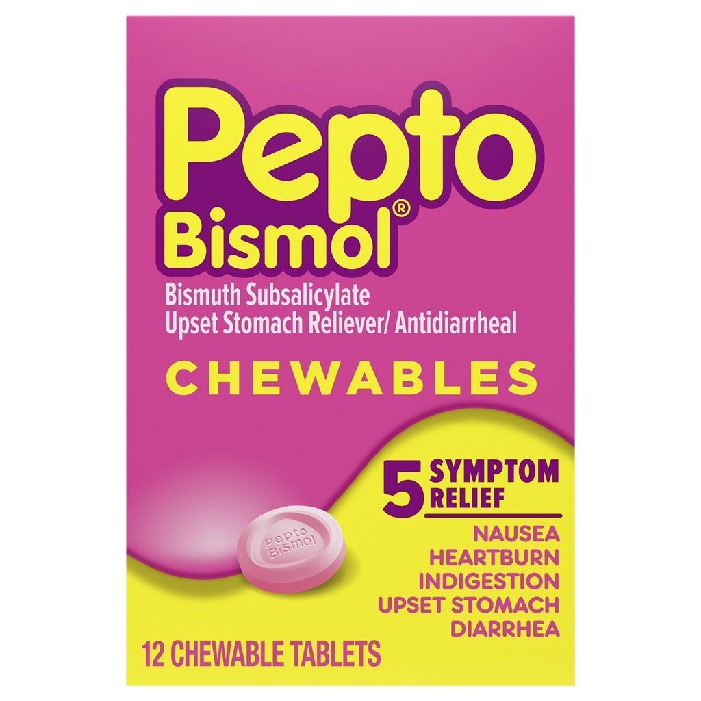 Papto Bismol Chewable Tablets, Upset Stomach Relief, Nausea Relief, Relief Heartburn, Relief Intervention, Obat Anti Diare untuk Dewasa - 5 Symptom Relief, 12 ct