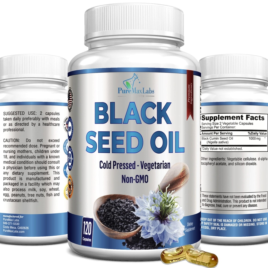Cold Menekan Minyak Benih Hitam - 120 Capsules, Premium Nigella Sativa Hitam Cumin Pure dengan Vitamin E, untuk Rambut, Skin & Immune Kesehatan - Non-GMO 120 Capsules