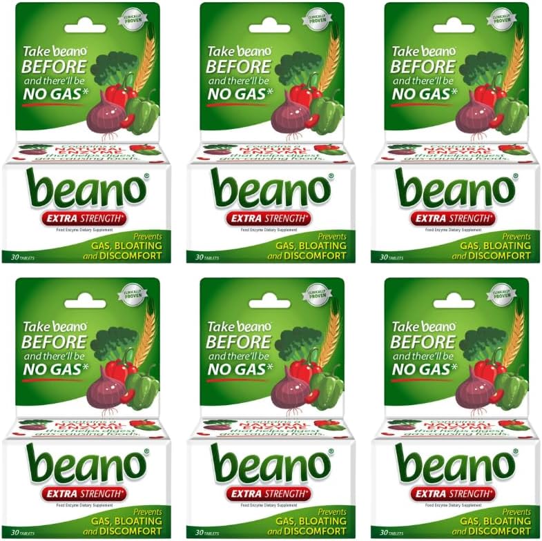 Beano Ekstra Kekuatan, Tambahan Digeptical Enzyme, Prevents Gas, Bloating dan Disconfort (Paket May Vary) 30 Hitung Masing-masing (Paket 6)