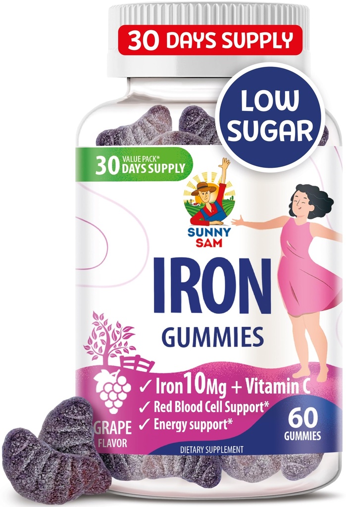 SUNNY SAM Iron Gummies for Kids & Dewas - Iron Vitamin with Vitamin C, 10mg per Serving - Chewable Fruit Gummy for Imune Dupport Red Blood Cell Production