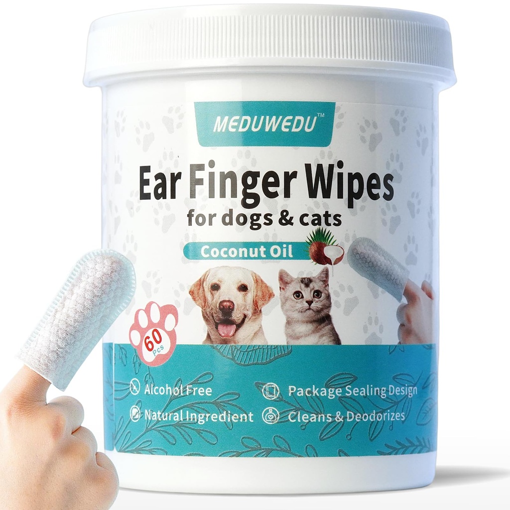 Ear Cleaner Finger Wipes 60 Counts, Dog Ear Cleaner, Grooming Kit Care for Dogs and Cats, Soft & Easy Otic Cleaning Pads, Hapus Wax, Dirt & Stop Bau, Itchy, Non-Irritating, Coconut Sent