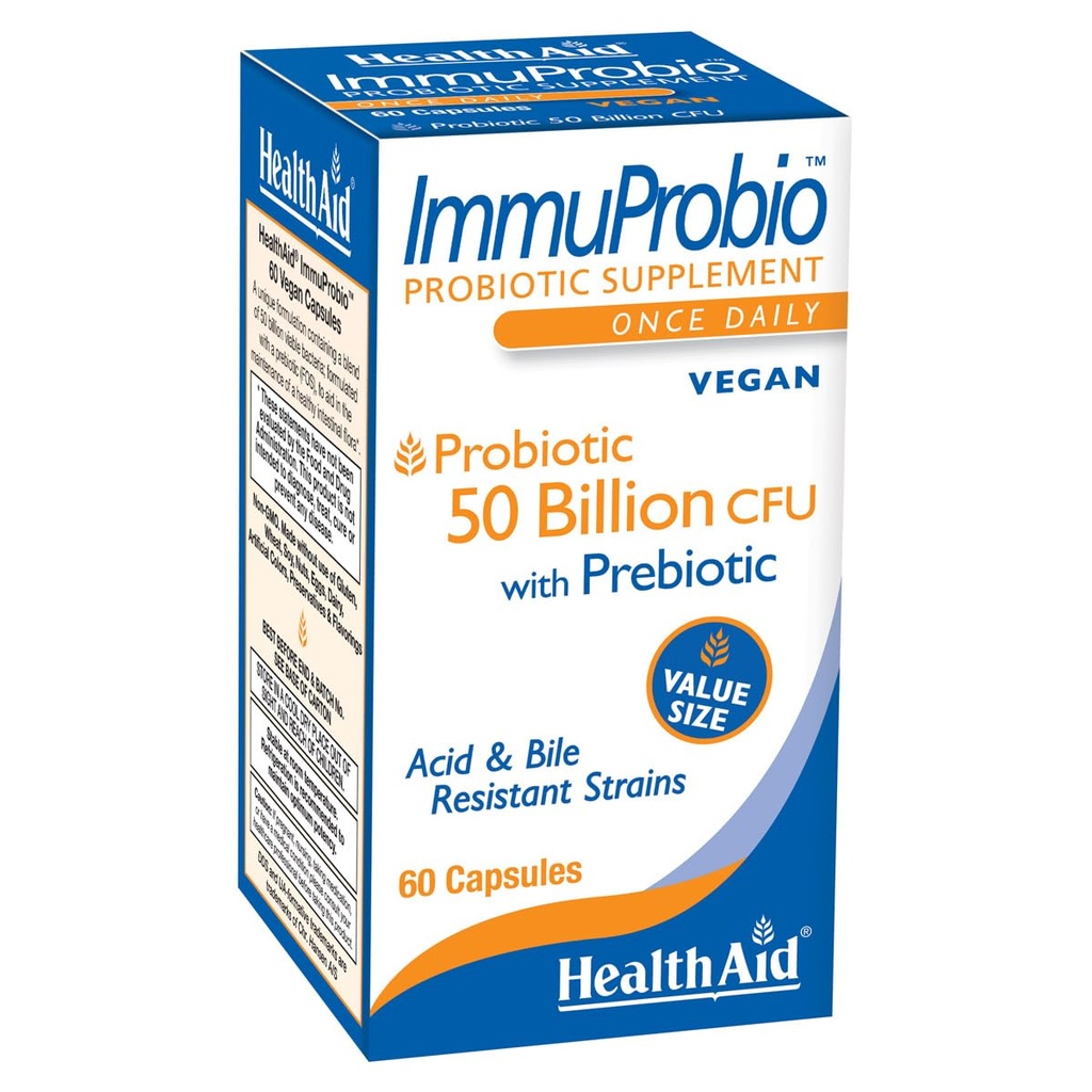 Healthaid ImmuProbio 60 Caps - 50 miliar CFU dengan Prebiotic, Suatu hari, Acid & Bile Resistant Strains, Vegan