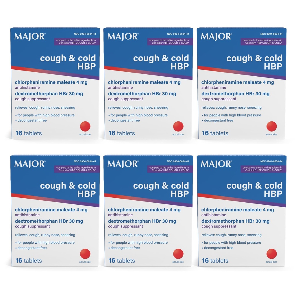MAJOR Cough and Cold HBP Tablet - Antihistamin dan Cough Supresan untuk Orang dengan Tekanan Darah Tinggi - Dextromethorphan HBr, Chlorpheniramine Maleate - 16 Count (6 Pack)