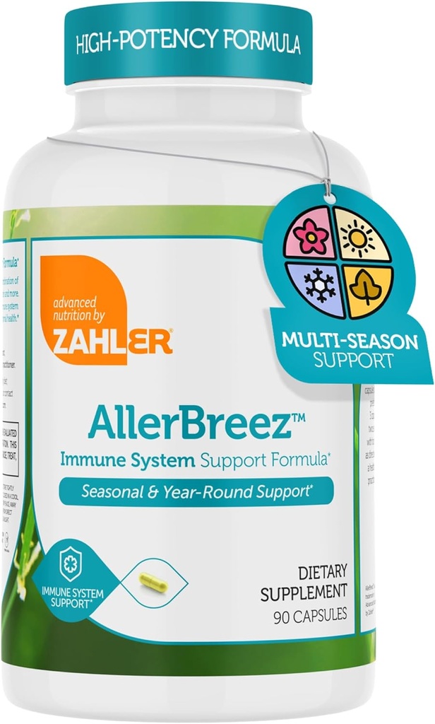 Zahler AllerBreez Immune System Dukung Formula dengan Vitamin C, Quercetin, Vitamin B5, MSlinging Nettle - Seasonal & Year- Round Immune Support, Dhist Allergy Suplemen (180 Capsules)