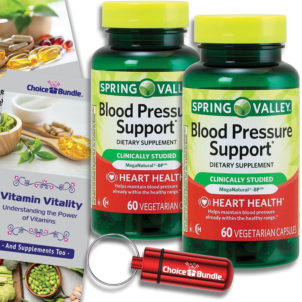 Choice Bundle Spring Valley Pressure Blood Support Vegetarian Capsules 60 Ct 2 pk (120 Total) + Vitamin Guide & Pil (4 Item)!