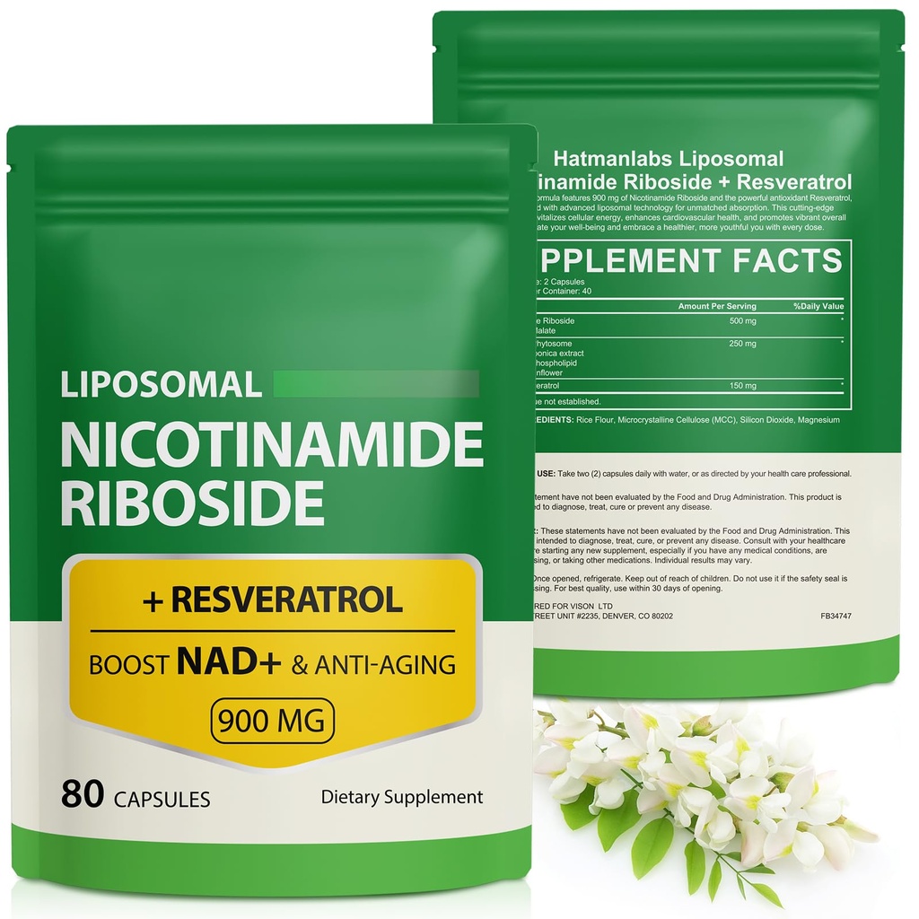 Tambahan NAD dengan Nicotinamide Riboside - Resveratrol, Lipomal Nicotinamide Riboside, Quercetin - Supplemen NAD Tinggi untuk Anti- Aging, Focus, Energy 160 Capsules (2 Bag)