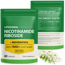 Tambahan NAD dengan Nicotinamide Riboside - Resveratrol, Lipomal Nicotinamide Riboside, Quercetin - Supplemen NAD Tinggi untuk Anti- Aging, Focus, Energy 160 Capsules (2 Bag)