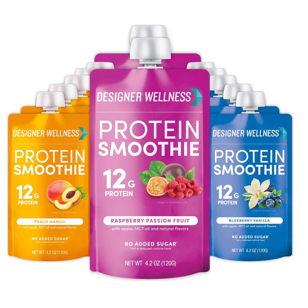 Designer Wellness Protein Smoothie, Real Fruit, 12g Protein, Low Carb, Zero Added Sugar, Gluten- Free, Non-GMO, Tidak Ada Warna Buatan atau Flavors, Super Fruits Variety Pack, 12 Count