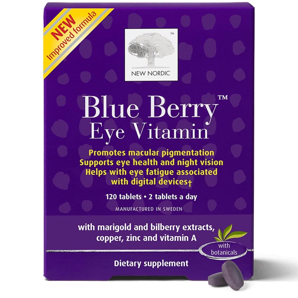 NEW NORDIC Blue Berry Eye Vitamin Lutein Suplemen dengan Zinc, Support Macular Pigmentasi, Eye & Vision Fungsi, 120 Tablet (Paket 1)
