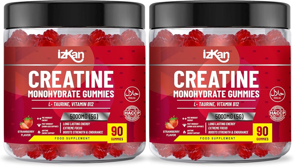 Creatine Monohydrate Gummy 5000mg for Men & Women - 180 Chewable Creatine ADVENCE CoffLEX Taurine & B12 Gummies Strawberry Flaved 124; Pra Workout Gym Suplemen 124; Halal 124; Vegan 124; (2 Bulan Supply)