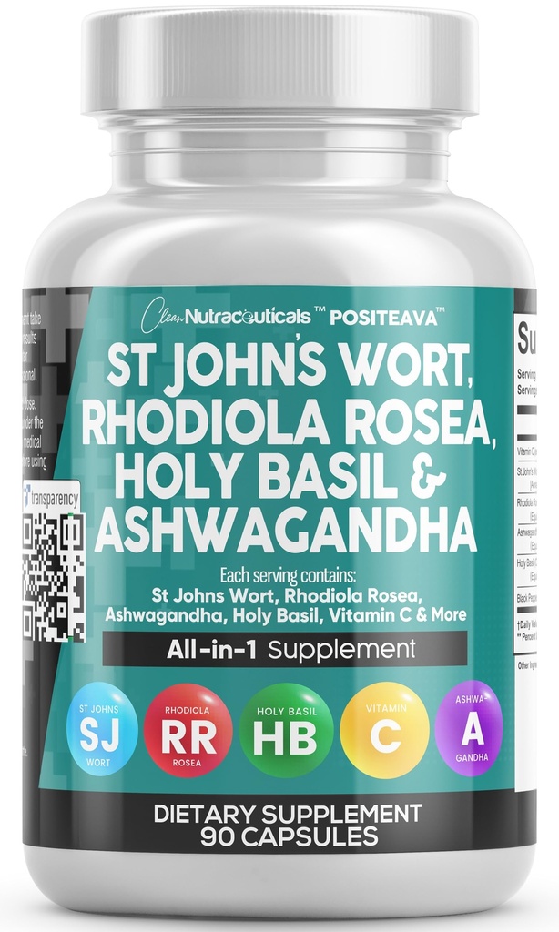 Bersihkan Nutraceuticals St Johns Dort Rhodiola Rosea Kudus Basil Ashwagandha - Mood Dukungan untuk Perempuan dan Pria dengan Vitamin C & Black Pepper Ekstrak - 90 Caps