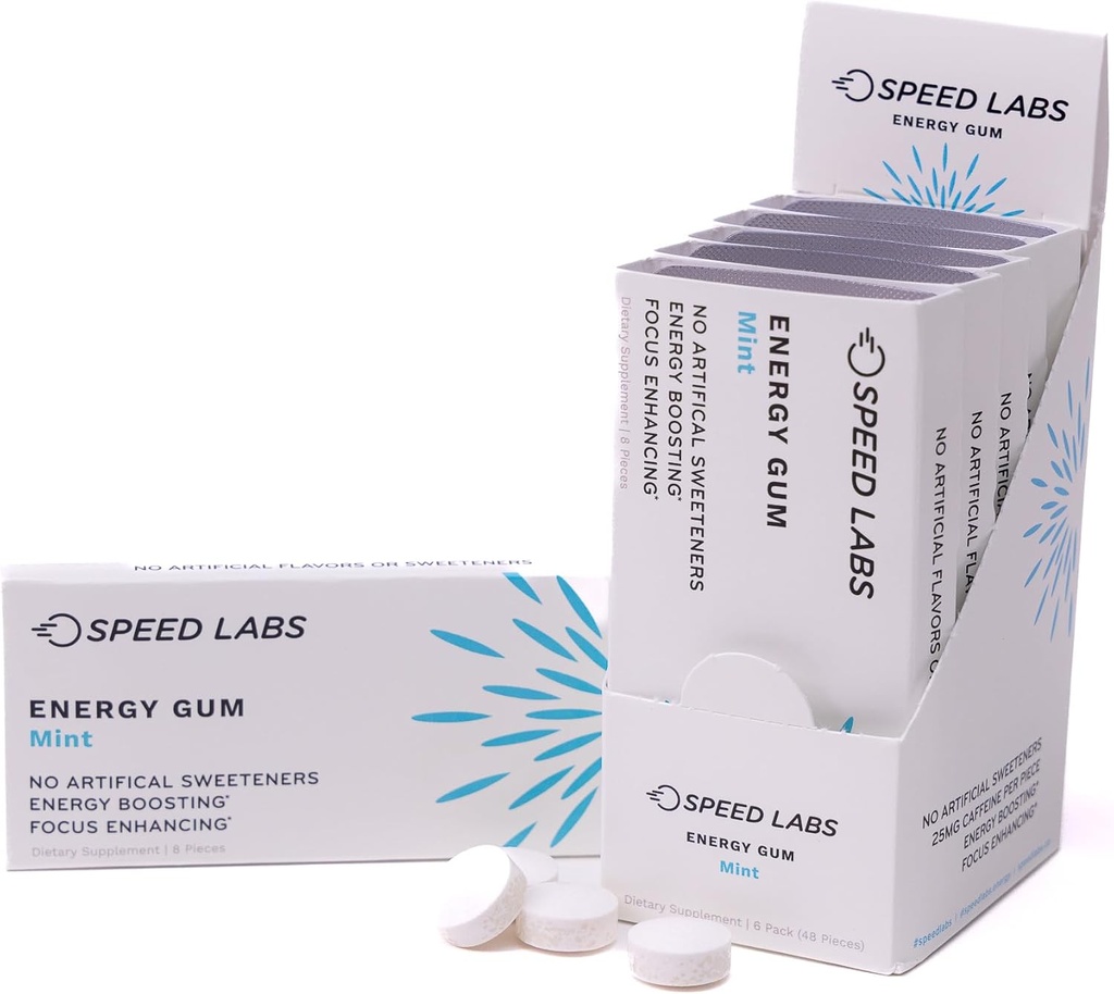 Speed Labs Mint Natural Caffeine Energy Gum 25mg Caffeine, Taurine, B Vitamin Per Piece, 48 Pieces (6 Paket 8) Sugar Free, Zero Calories, Alami Sweetened, Gluten Free