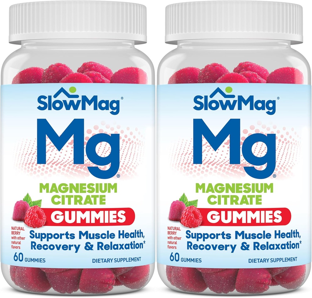 SlowMag Magnesium Citrate Gummies, 60 Count, Support Muscle Health, Natural Berry Flavor, Recovery & Relation Pack of 2